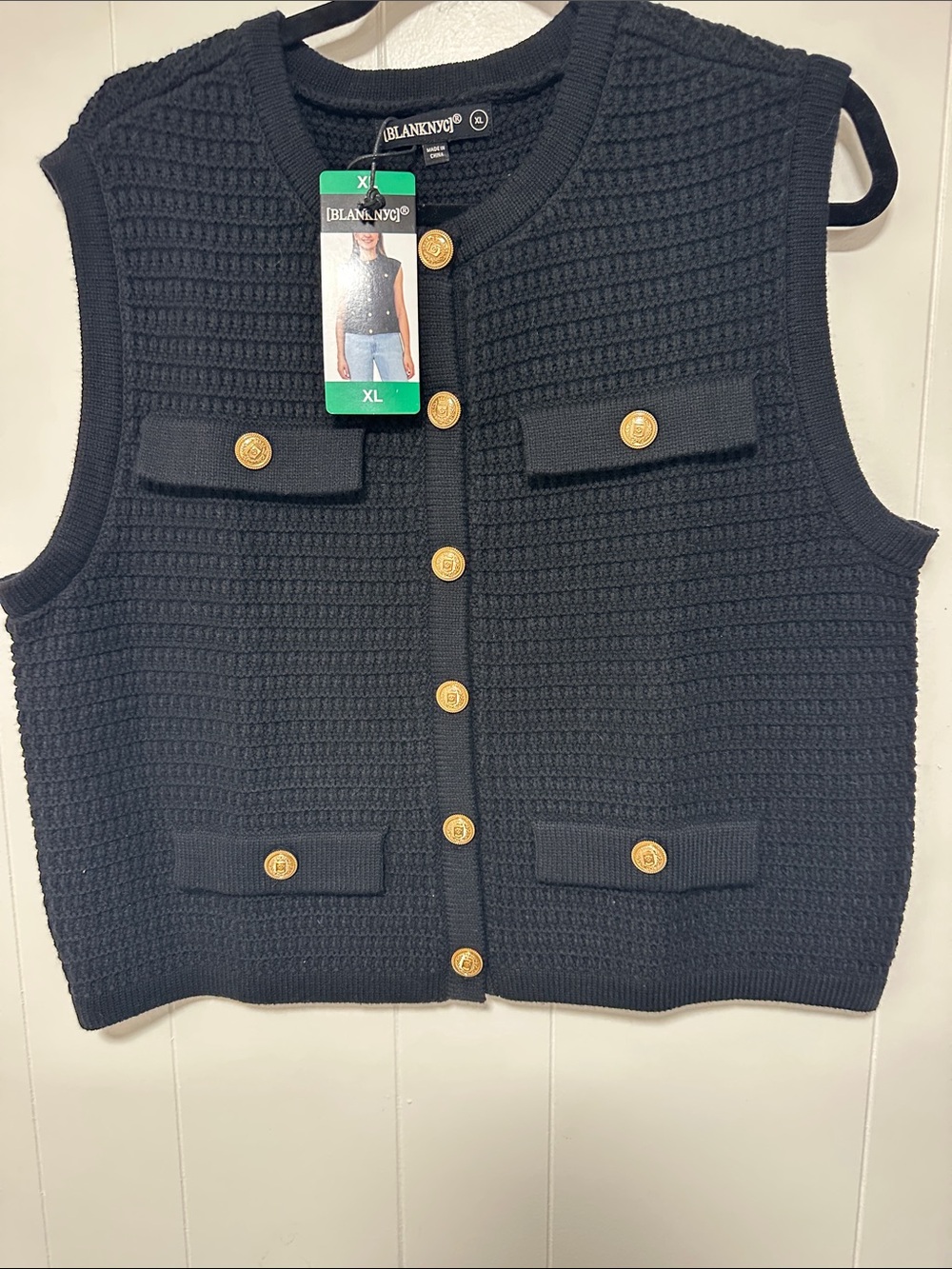 Blank NYC Black Knit Button Vest with Gold-Tone Buttons